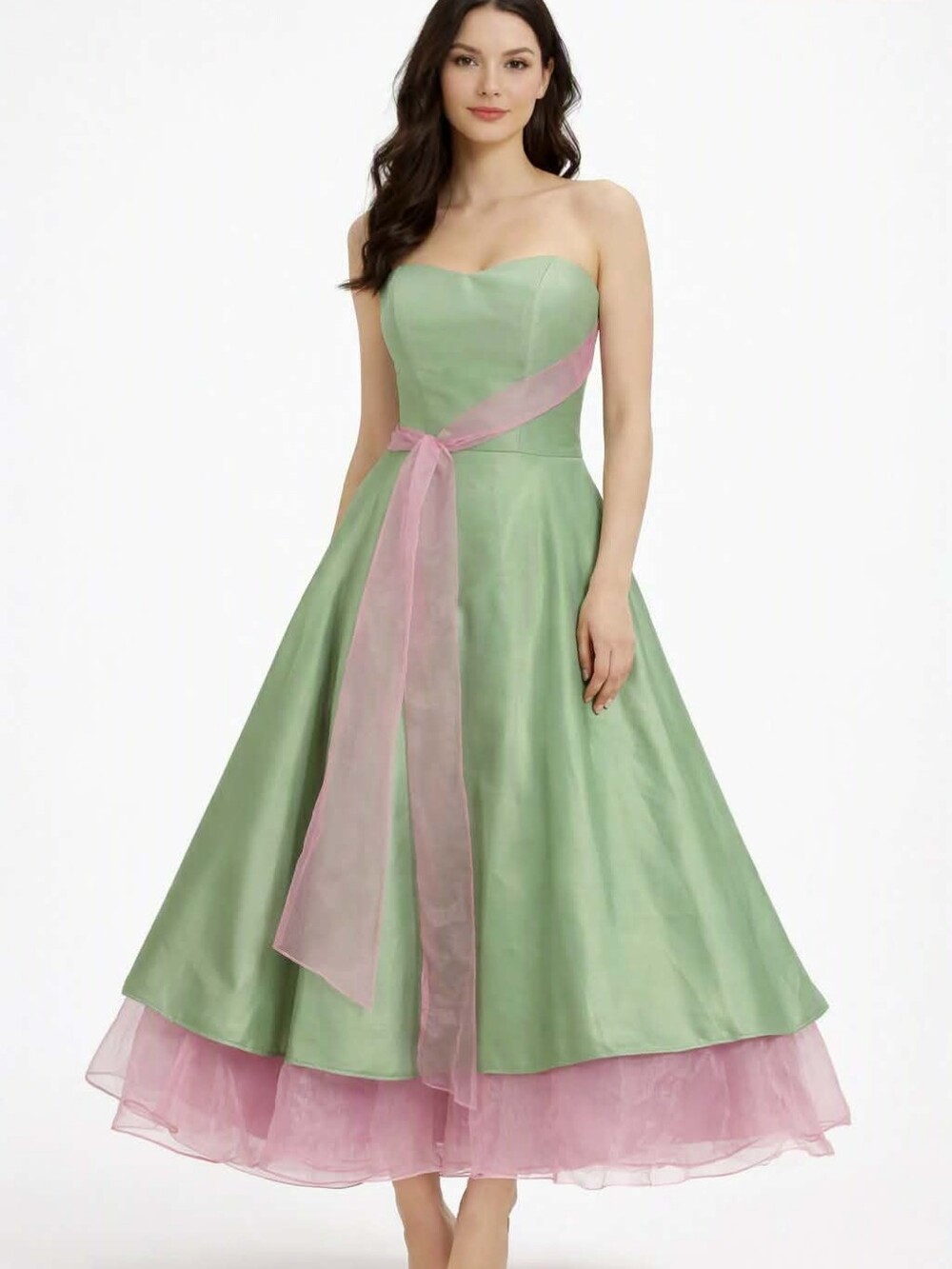 Alfred Angelo Green Strapless Dress | Pink Ruffle Accent + Lace Belt Fall 2026
